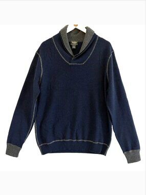 Neiman Marcus Mens Cashmere Sweater Size Large Navy Blue Gray Trim